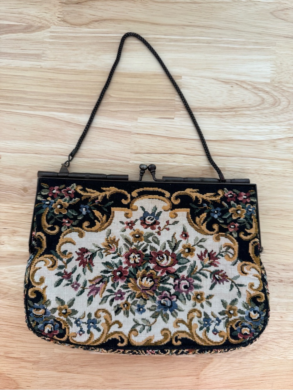 Vintage Floral Tapestry Evening Bag - Black and Multicolor with Kiss Lock